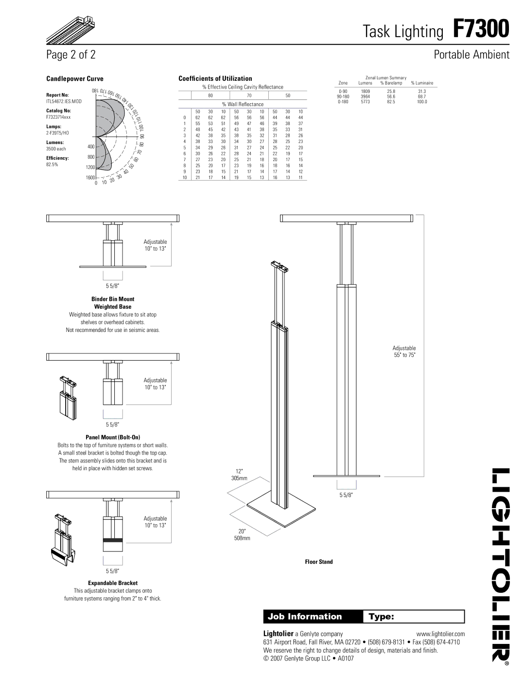 Lightolier F7300 specifications Job Information 