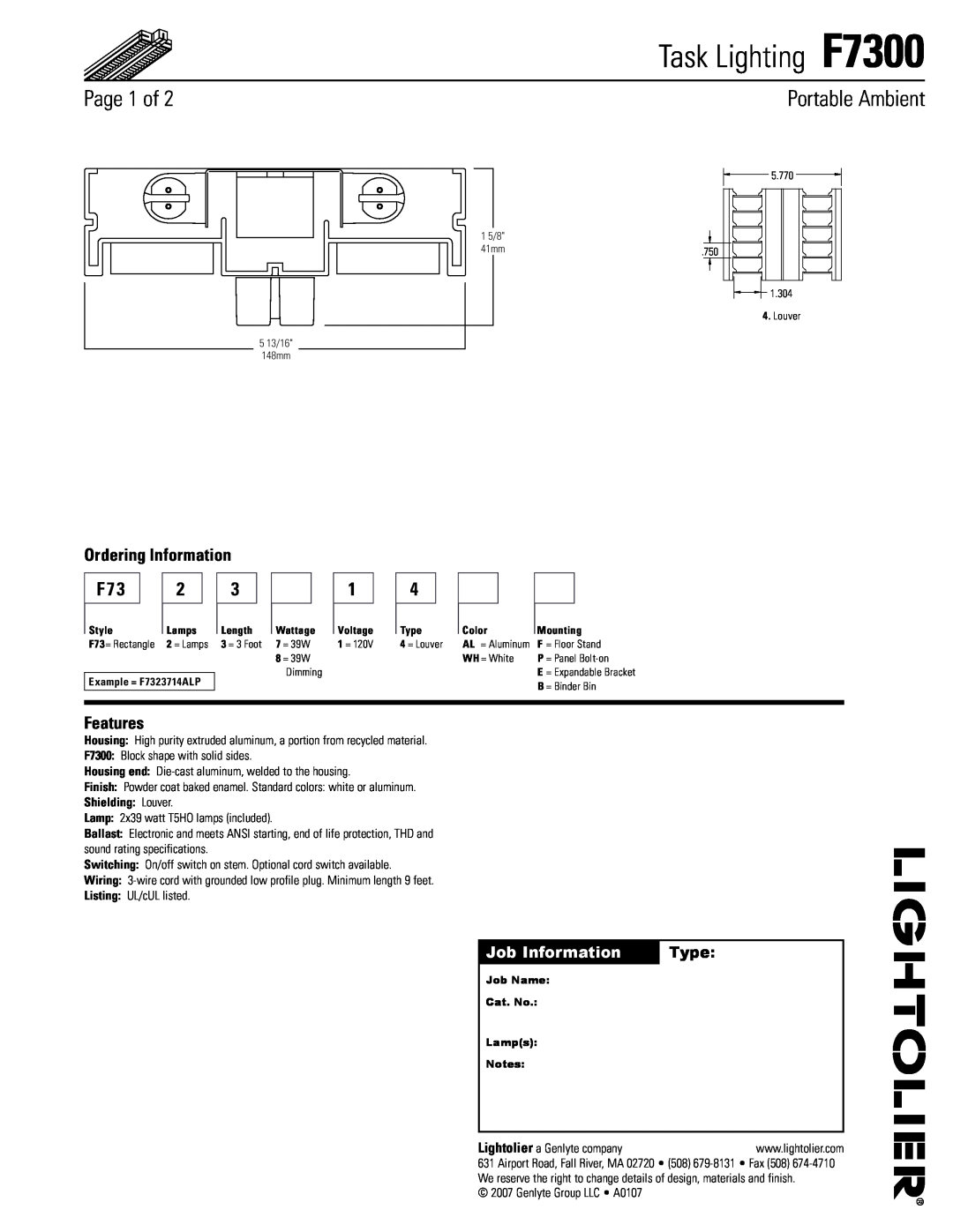 Lightolier specifications Page of, Portable Ambient, Job Information, Type, Task Lighting F7300, Ordering Information 