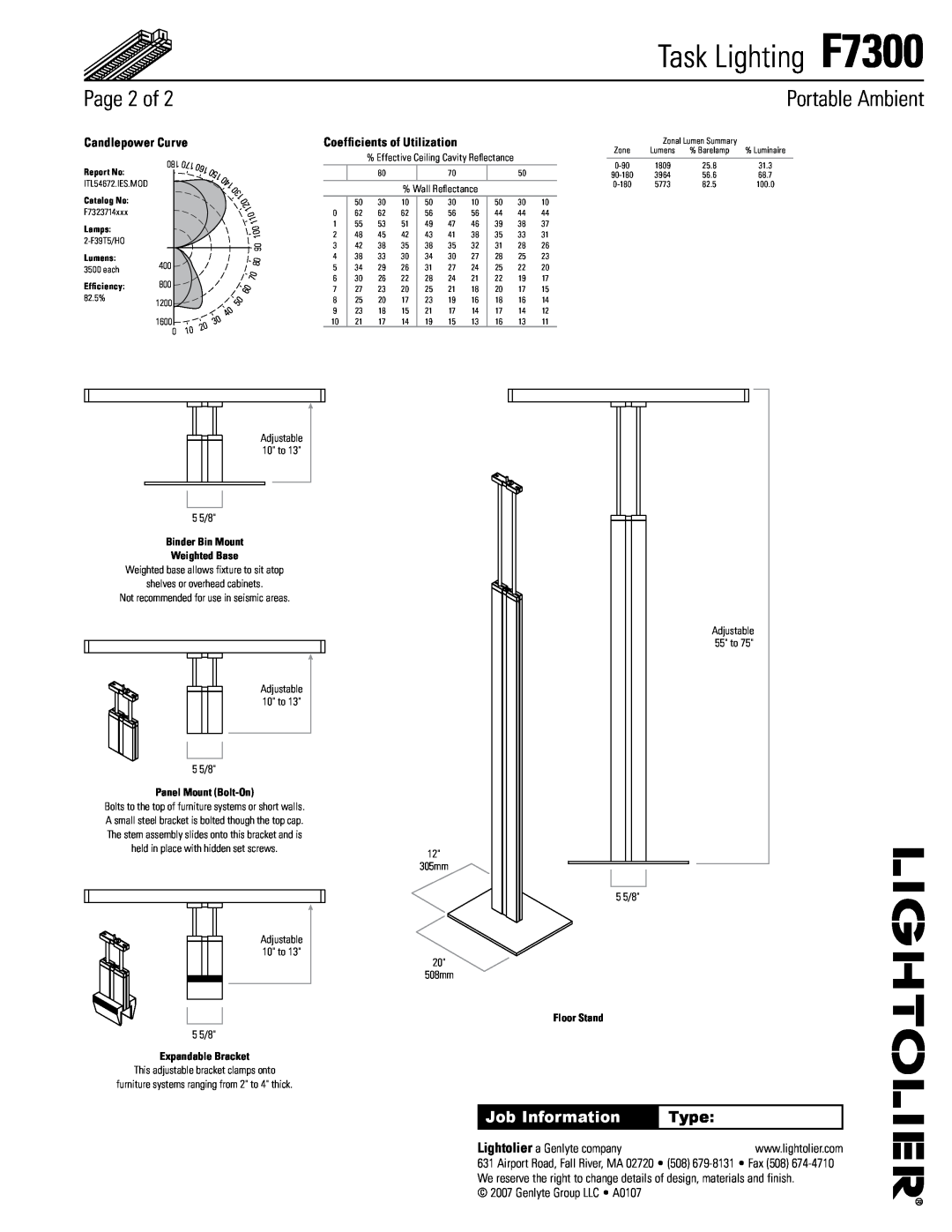 Lightolier specifications Page, Task Lighting F7300, Portable Ambient, Job Information, Type 