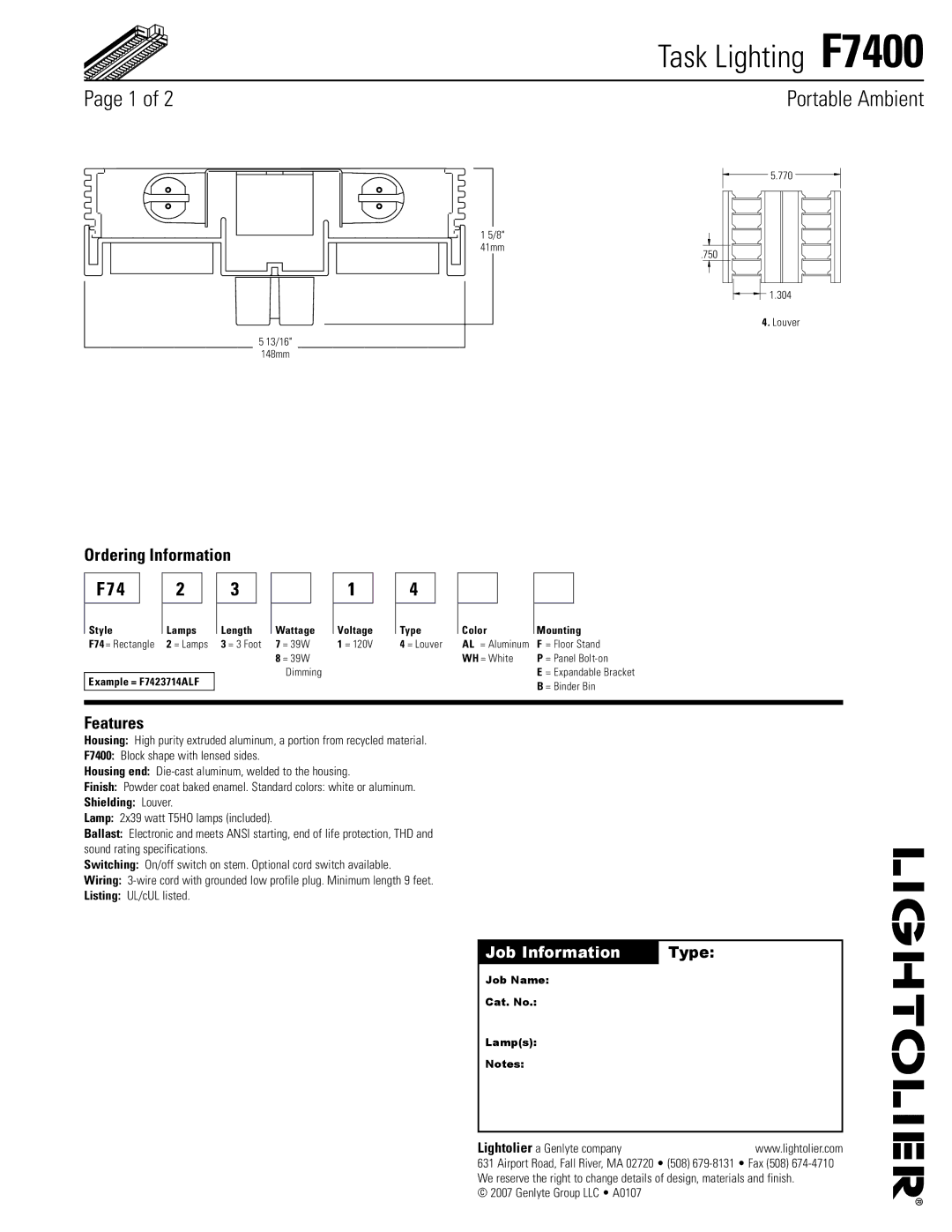 Lightolier F7400 specifications Ordering Information, Features, Job Information Type 