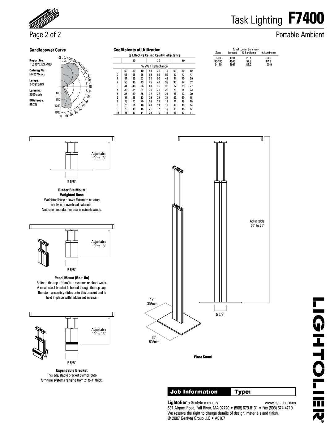 Lightolier specifications Page, Task Lighting F7400, Portable Ambient, Job Information, Type 