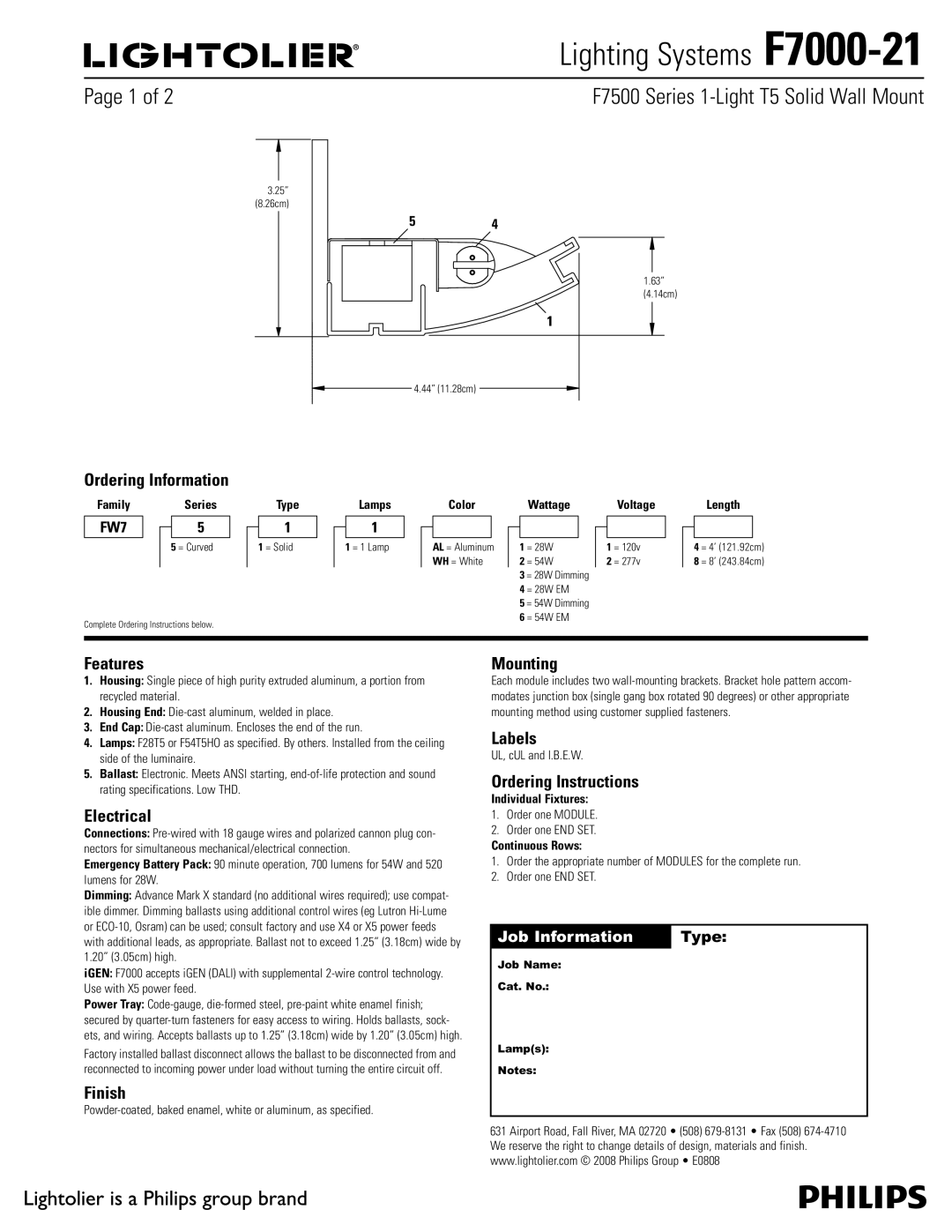 Lightolier F7000-21, F7500 Series specifications Features, Electrical, Finish, Mounting, Labels, Ordering Instructions 