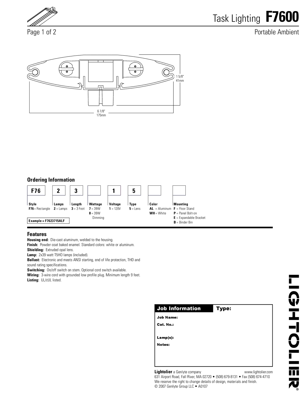 Lightolier F7600 specifications Ordering Information, Features, Job Information Type 