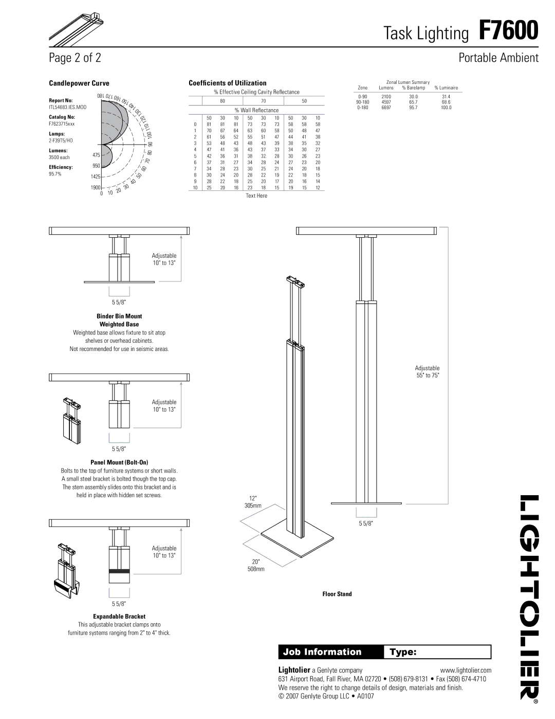 Lightolier F7600 specifications Job Information 