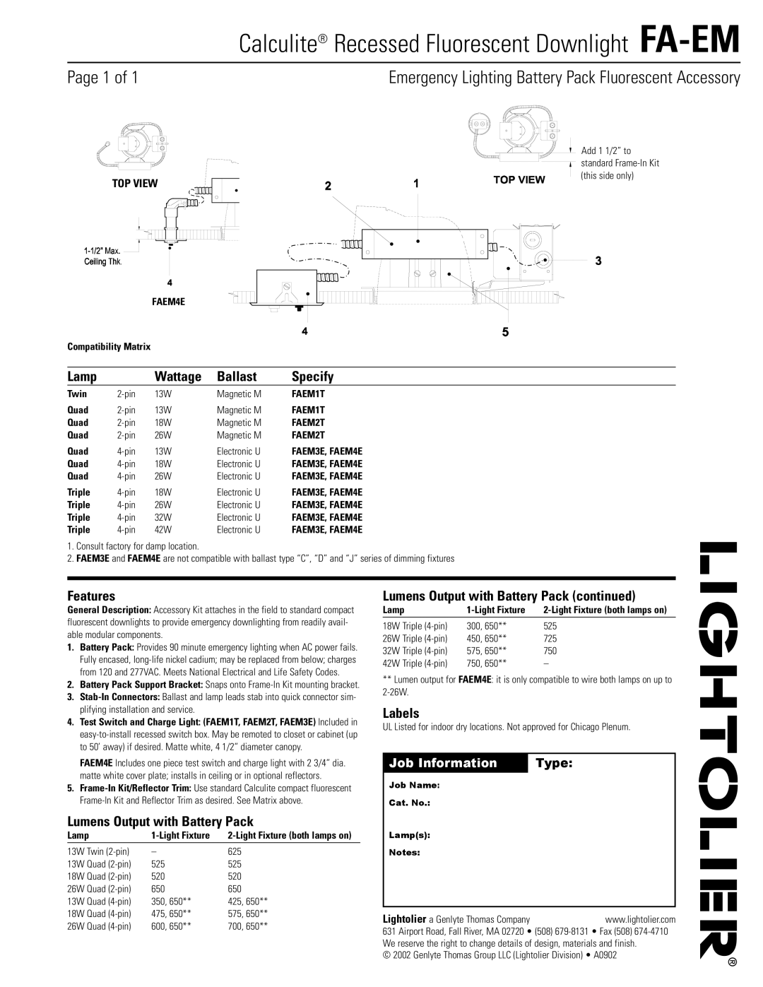 Lightolier manual Calculite Recessed Fluorescent Downlight FA-EM, Emergency Lighting Battery Pack Fluorescent Accessory 