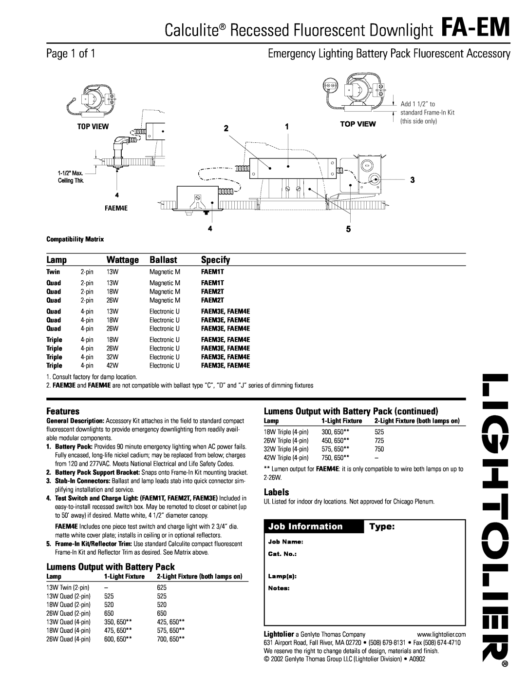 Lightolier manual Calculite Recessed Fluorescent Downlight FA-EM, Page 1 of, Lamp, Wattage, Ballast, Specify, Features 