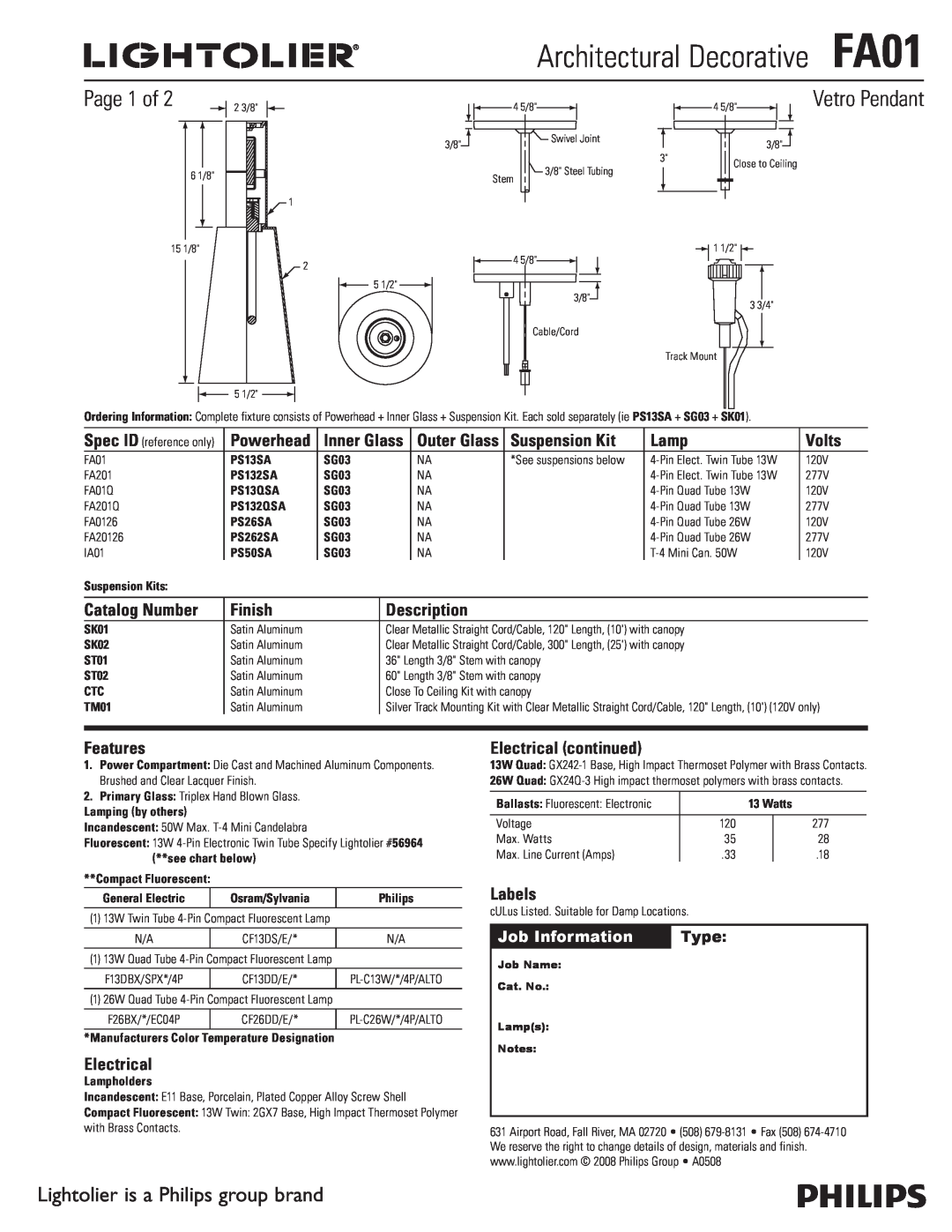 Lightolier manual Page 1 of, Lightolier is a Philips group brand, Architectural DecorativeFA01, Suspension Kit, Lamp 