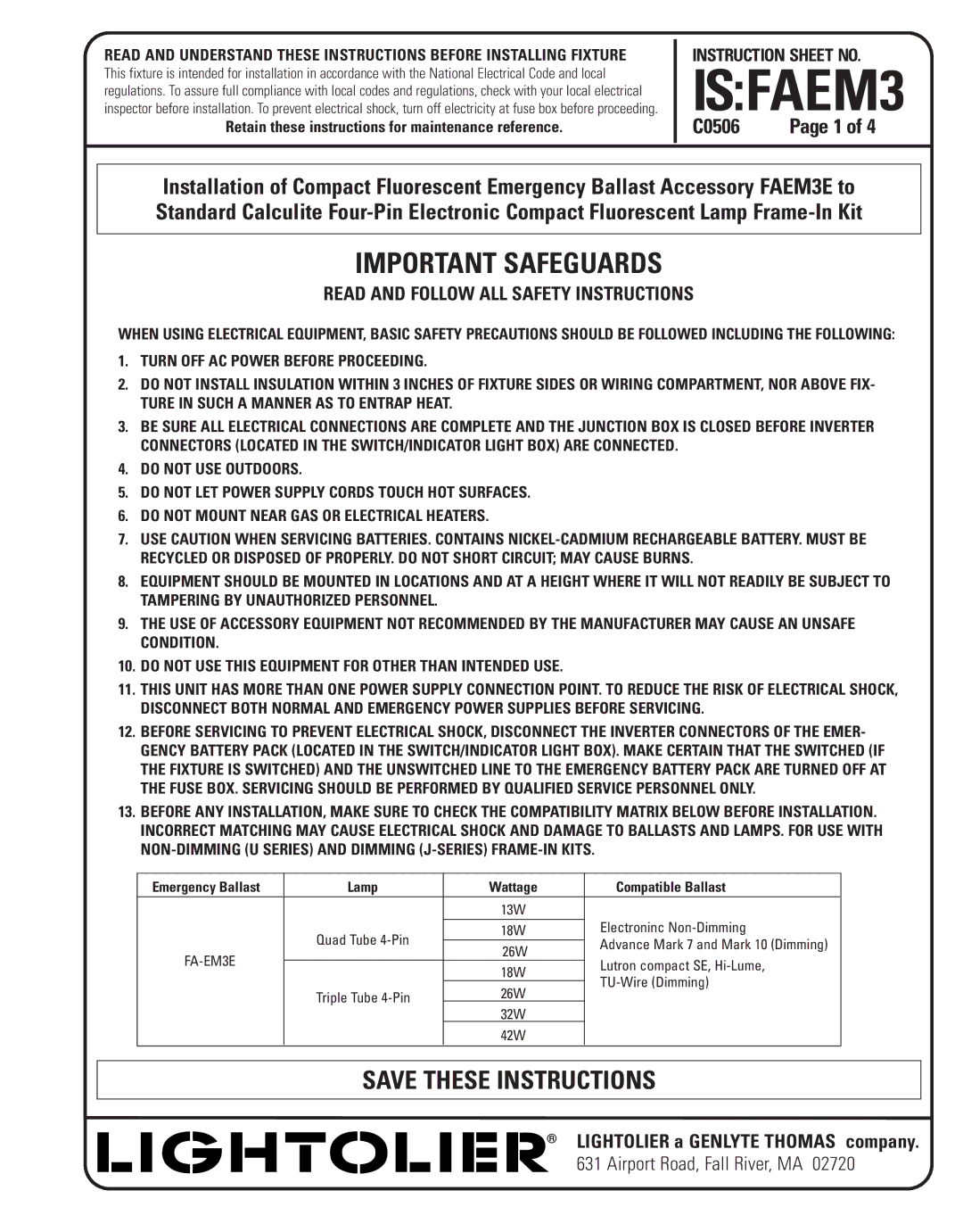 Lightolier FAEM3 instruction sheet C0506, FA-EM3E 