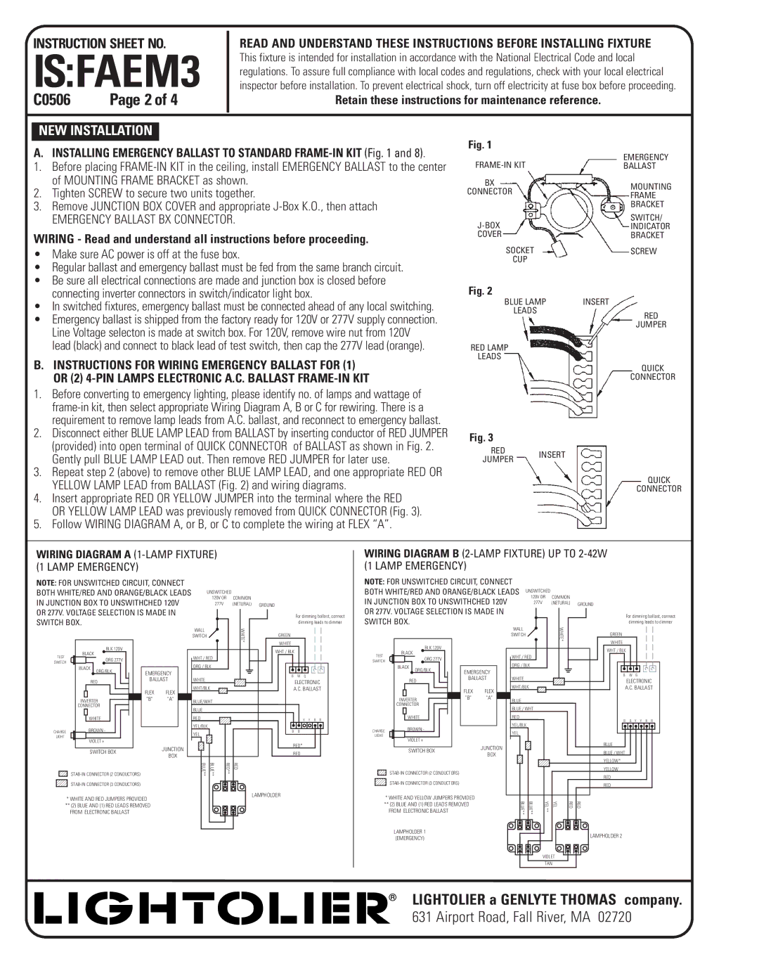 Lightolier FAEM3 instruction sheet NEW Installation, Make sure AC power is off at the fuse box 