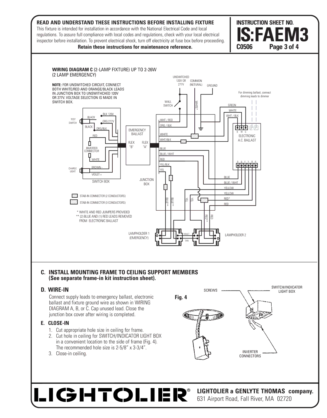 Lightolier FAEM3 instruction sheet Close-In, Cut appropriate hole size in ceiling for frame, Close-in ceiling 