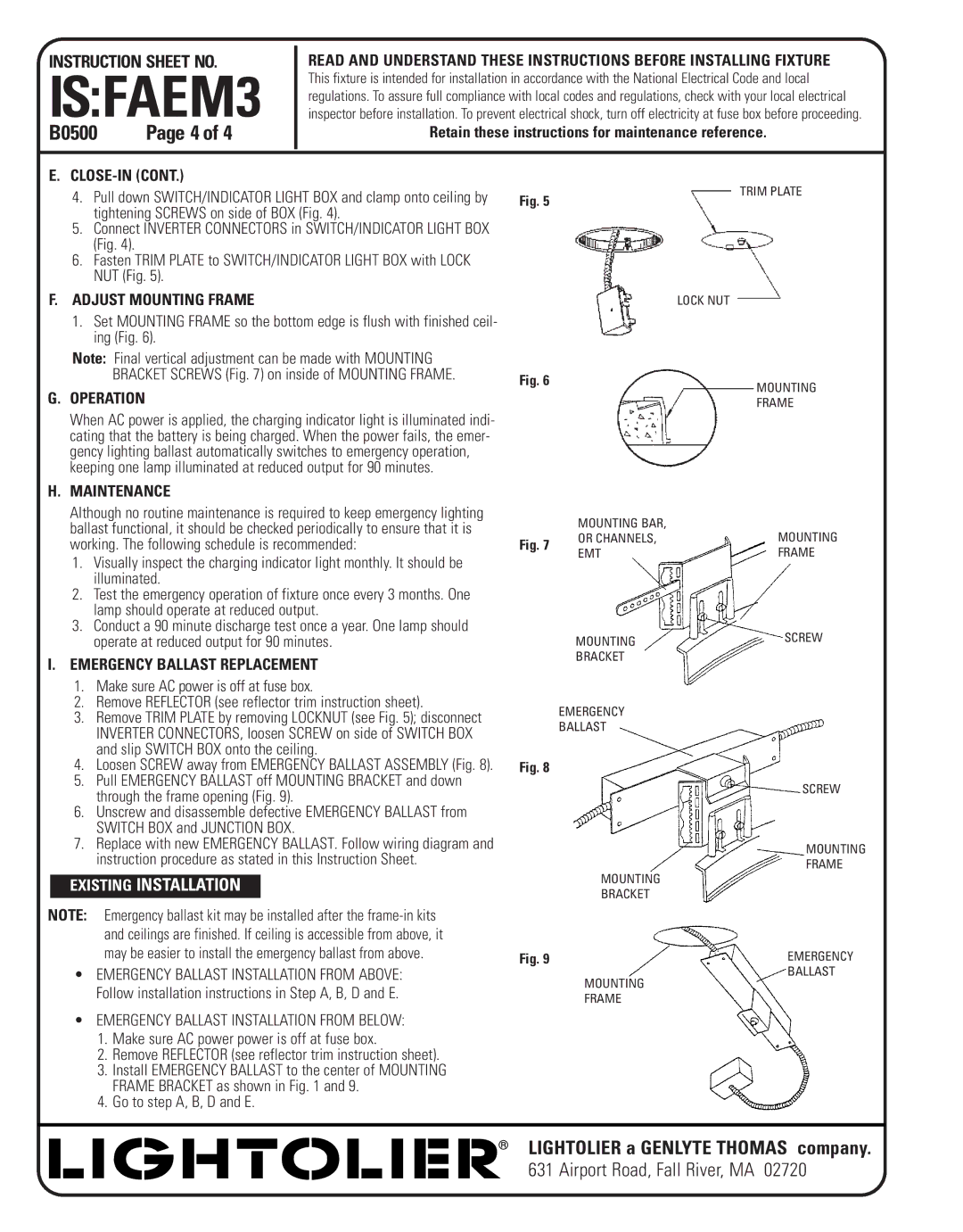 Lightolier FAEM3 instruction sheet B0500, Existing Installation 