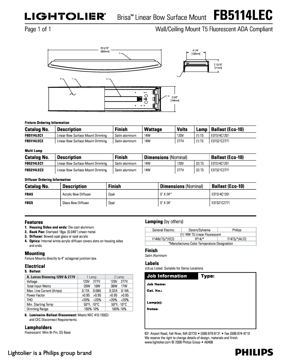 Lightolier FB5114LEC dimensions Page of, Wall/Ceiling Mount T5 Fluorescent ADA Compliant 