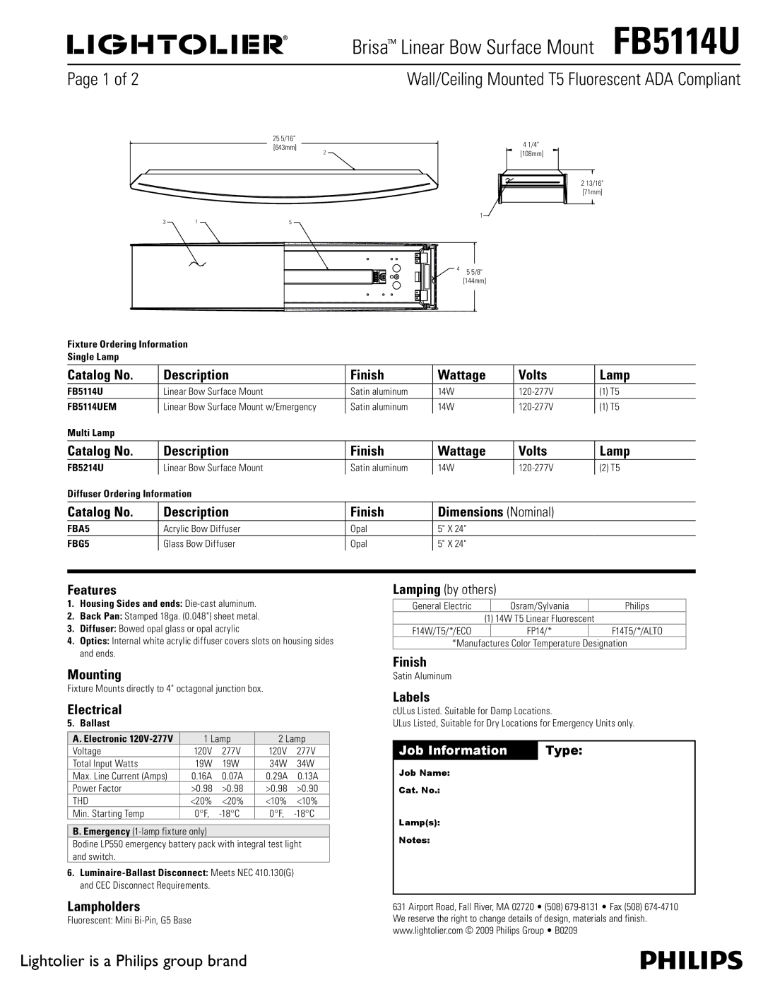 Lightolier FB5114U dimensions Catalog No Description Finish Wattage Volts Lamp, Features, Mounting, Electrical, Labels 