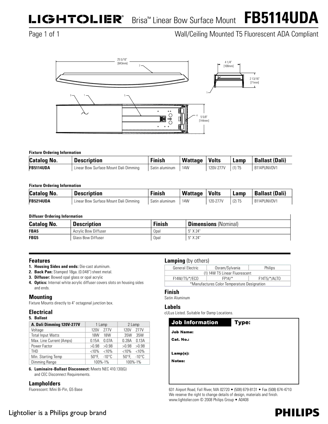 Lightolier FB5114UDA dimensions Catalog No Description Finish Wattage Volts Lamp, Features, Mounting, Electrical, Labels 