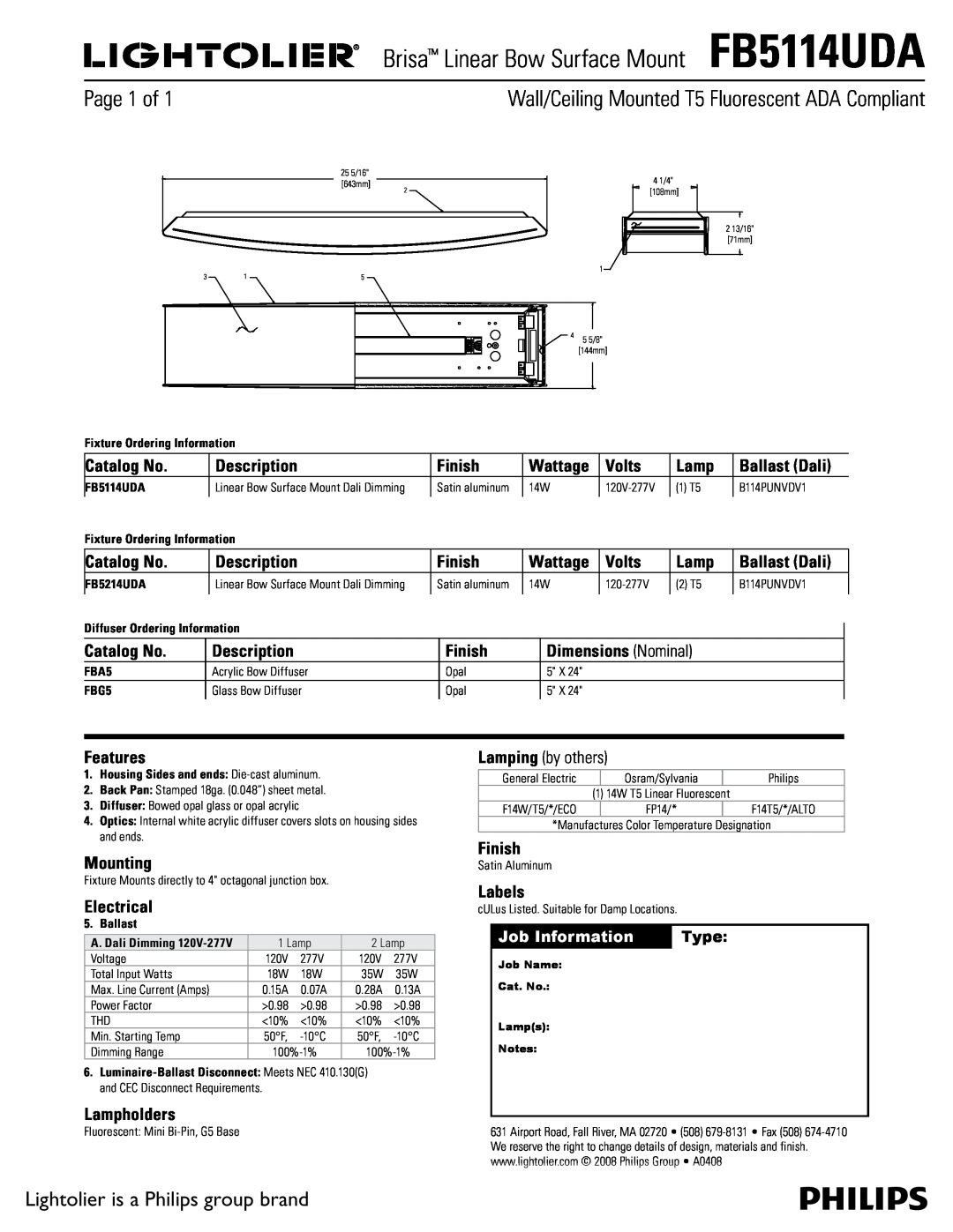 Lightolier FB5114UDA dimensions Page of, Wall/Ceiling Mounted T5 Fluorescent ADA Compliant 