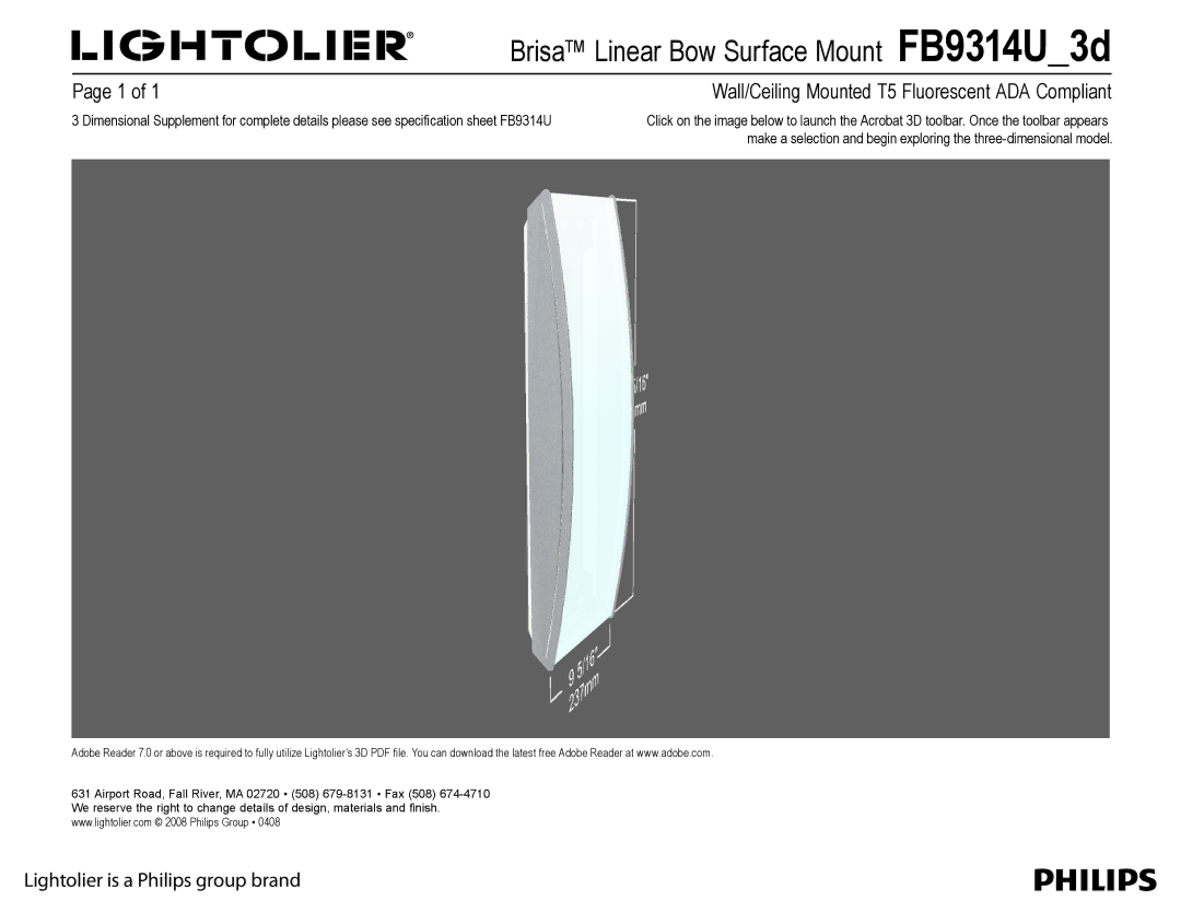 Lightolier FB9314U_3d manual Brisa Linear Bow Surface Mount FB9314U3d, Wall/Ceiling Mounted T5 Fluorescent ADA Compliant 