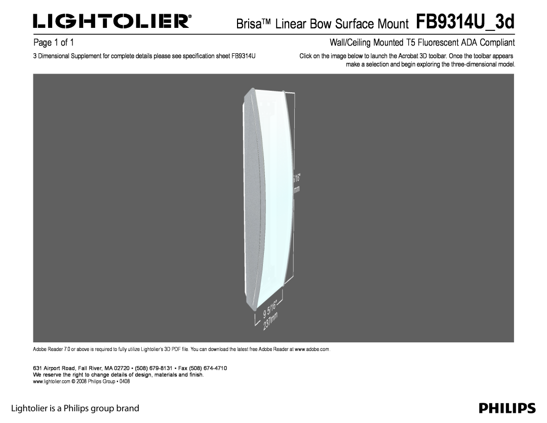Lightolier FB9314U_3d manual Brisa Linear Bow Surface Mount FB9314U 3d, Page  of, Lightolier is a Philips group brand 