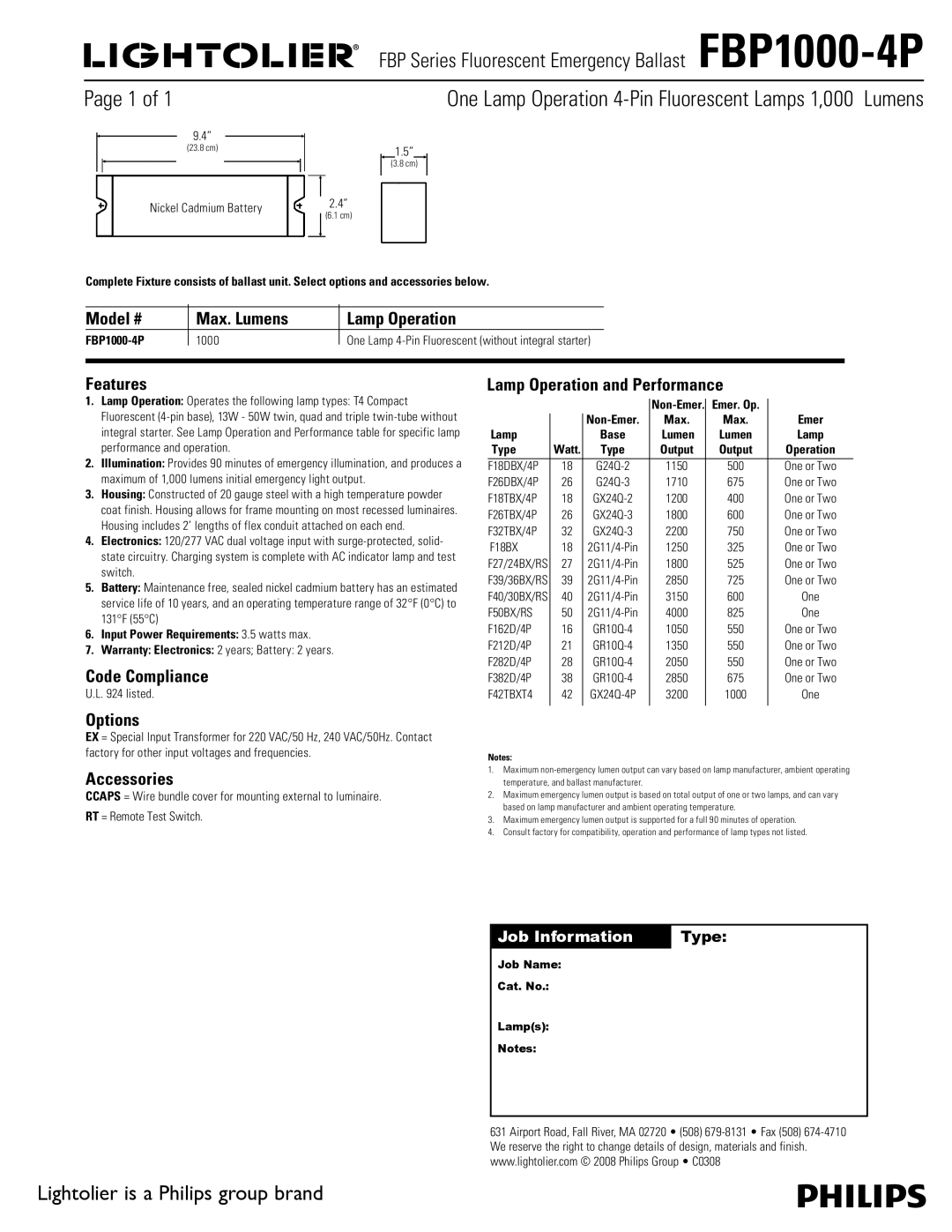 Lightolier FBP1000-4P warranty One Lamp Operation 4-Pin Fluorescent Lamps 1,000 Lumens 