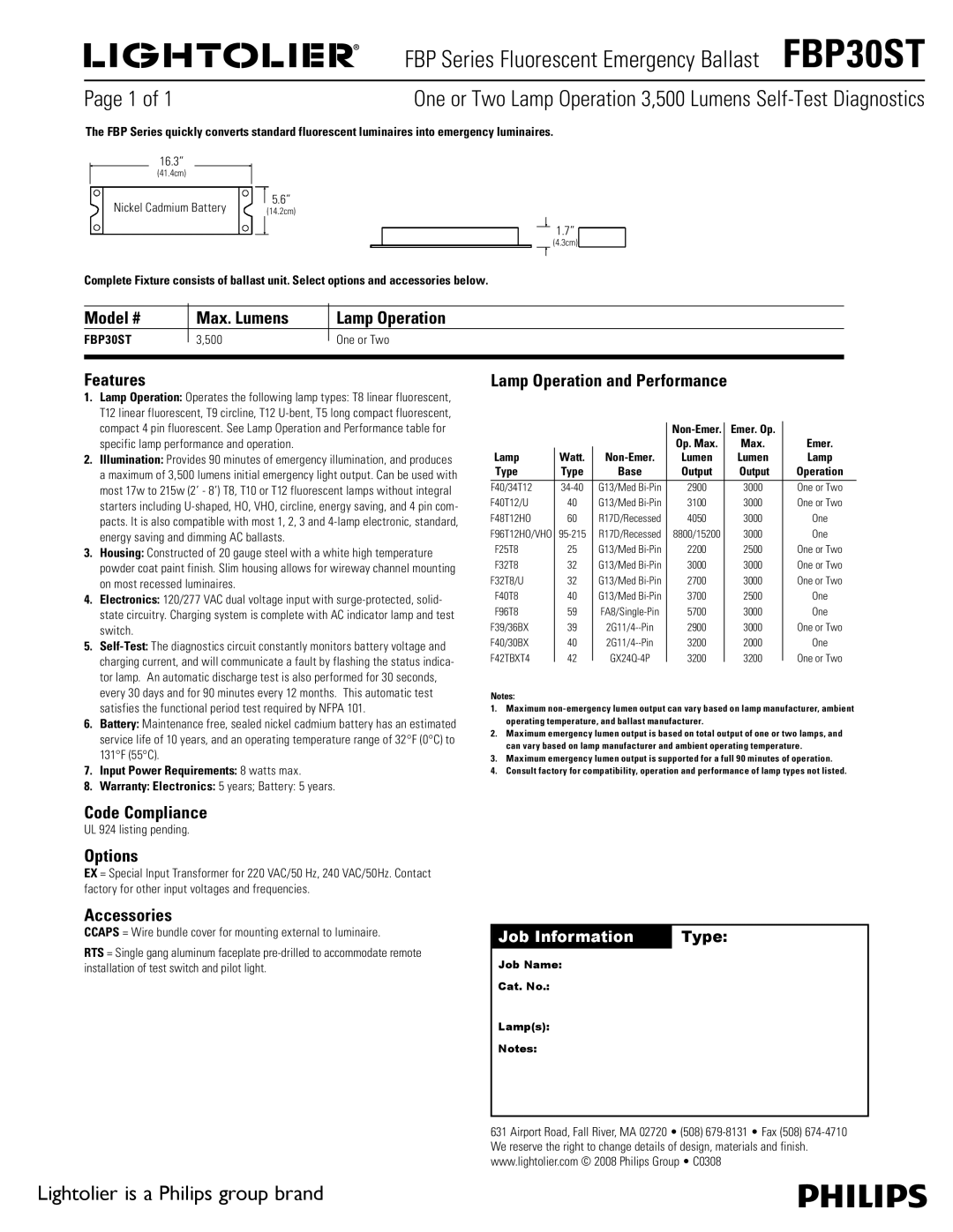 Lightolier FBP30ST warranty Model # Max. Lumens Lamp Operation, Features, Lamp Operation and Performance, Code Compliance 