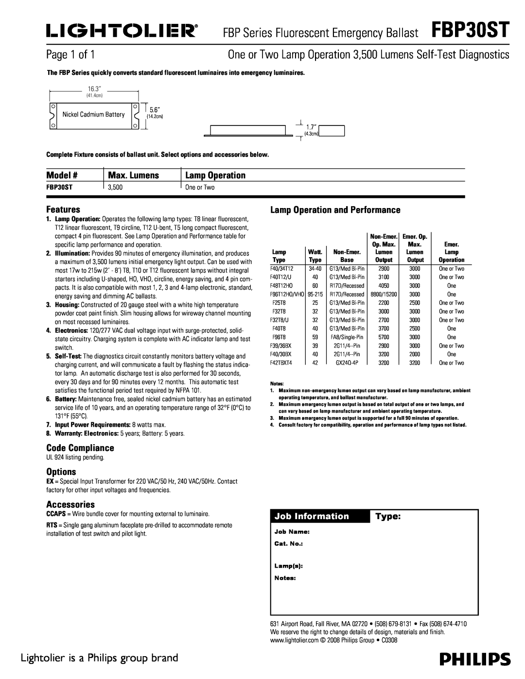 Lightolier FBP30ST warranty Page 1 of, Lightolier is a Philips group brand, Model #, Max. Lumens, Lamp Operation, Features 