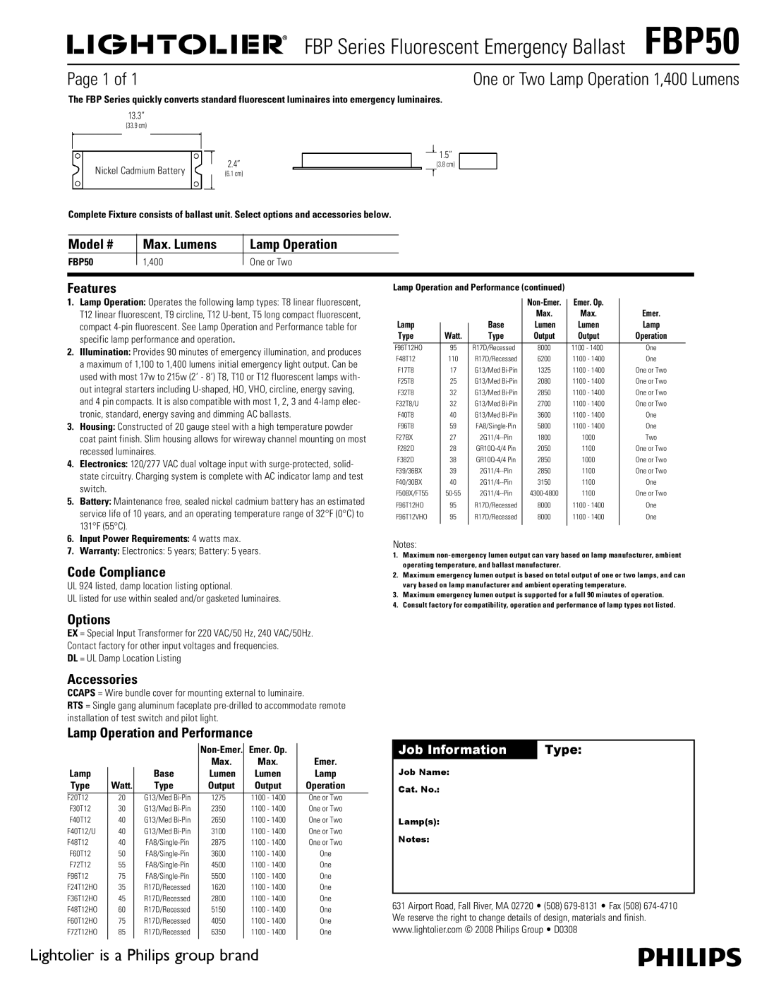 Lightolier FBP50 warranty Model # Max. Lumens Lamp Operation, Features, Code Compliance, Options, Accessories 