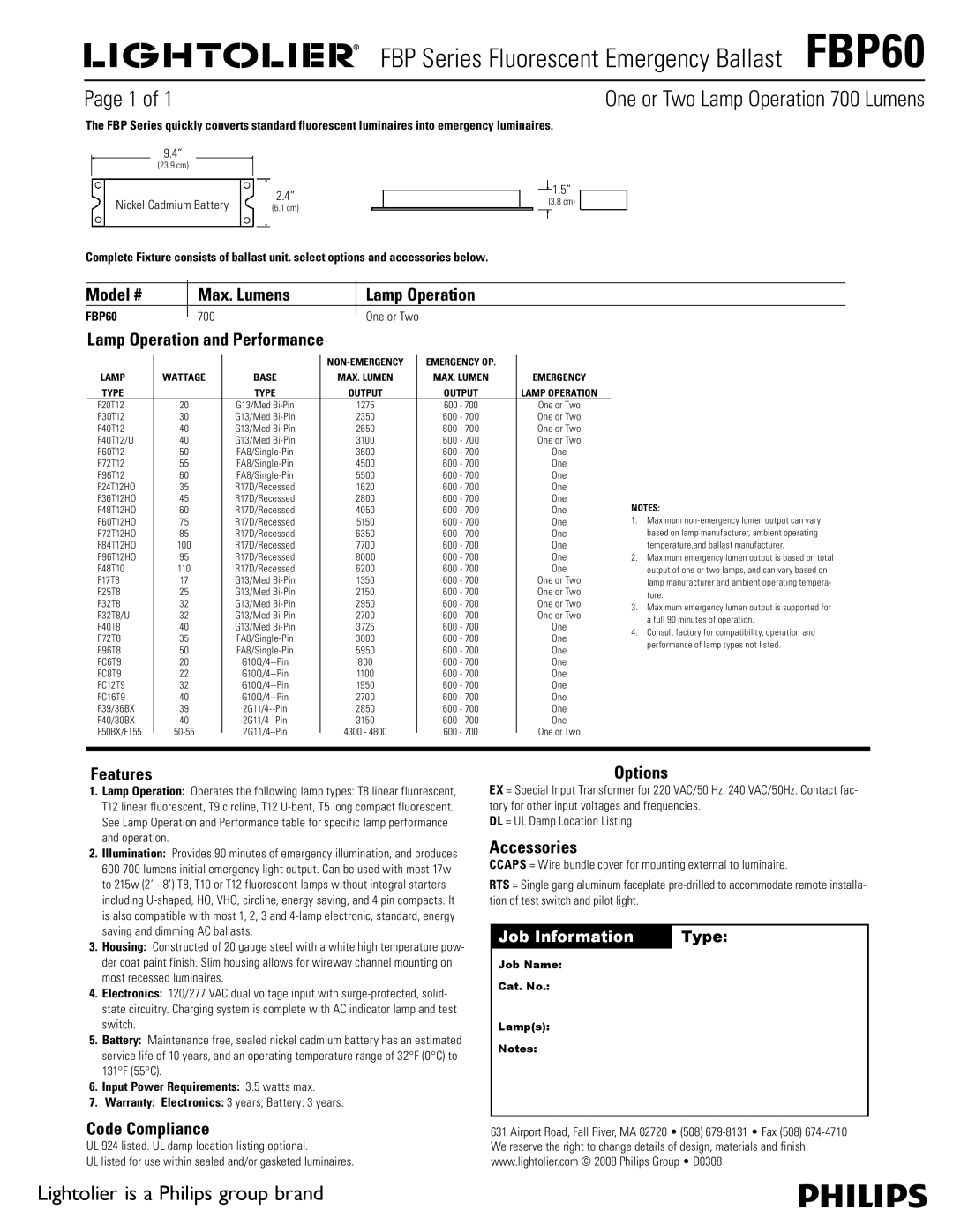 Lightolier FBP60 warranty Model # Max. Lumens Lamp Operation, Features, Code Compliance, Options, Accessories 