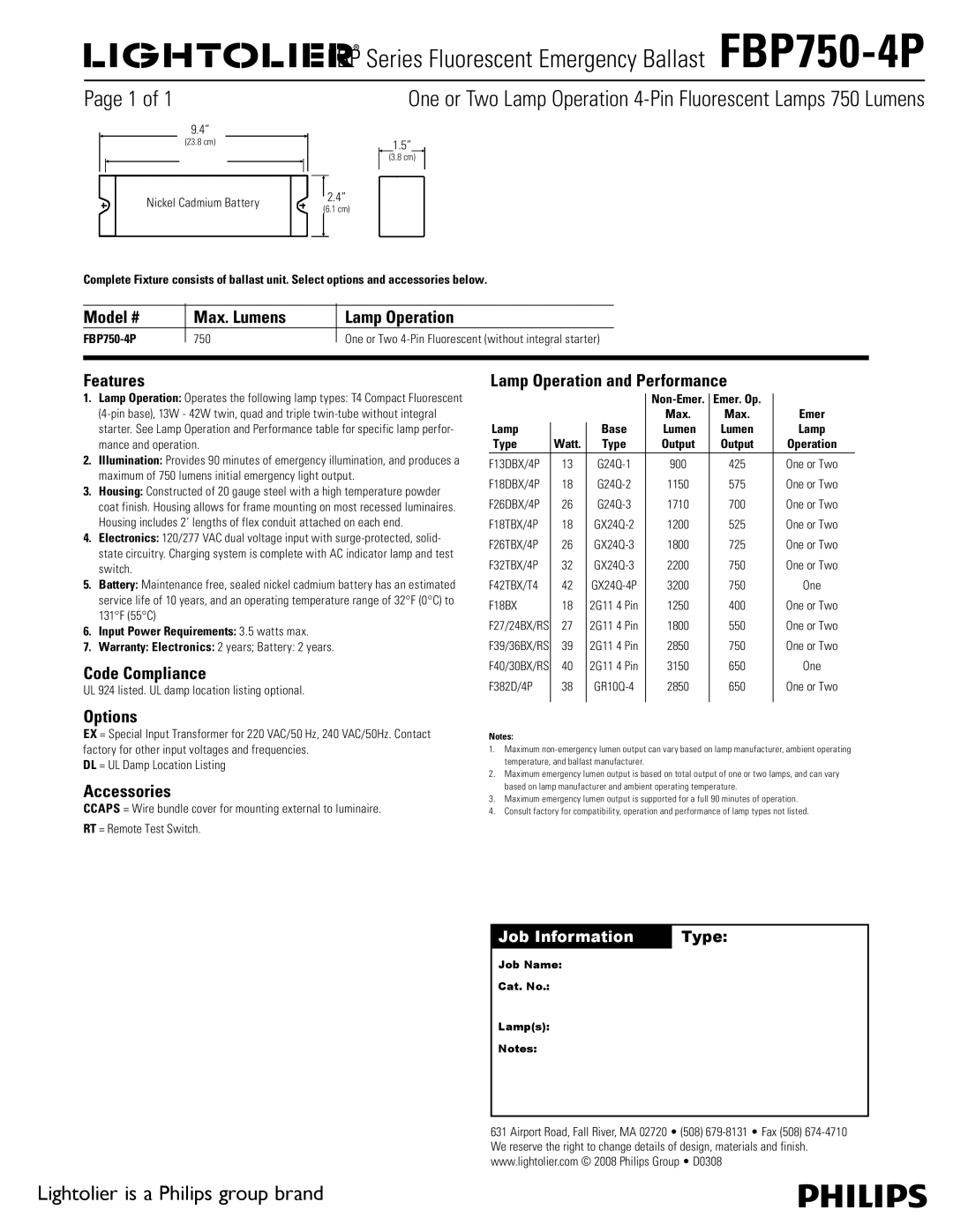 Lightolier FBP750-4P warranty Model # Max. Lumens Lamp Operation, Features, Code Compliance, Options, Accessories 