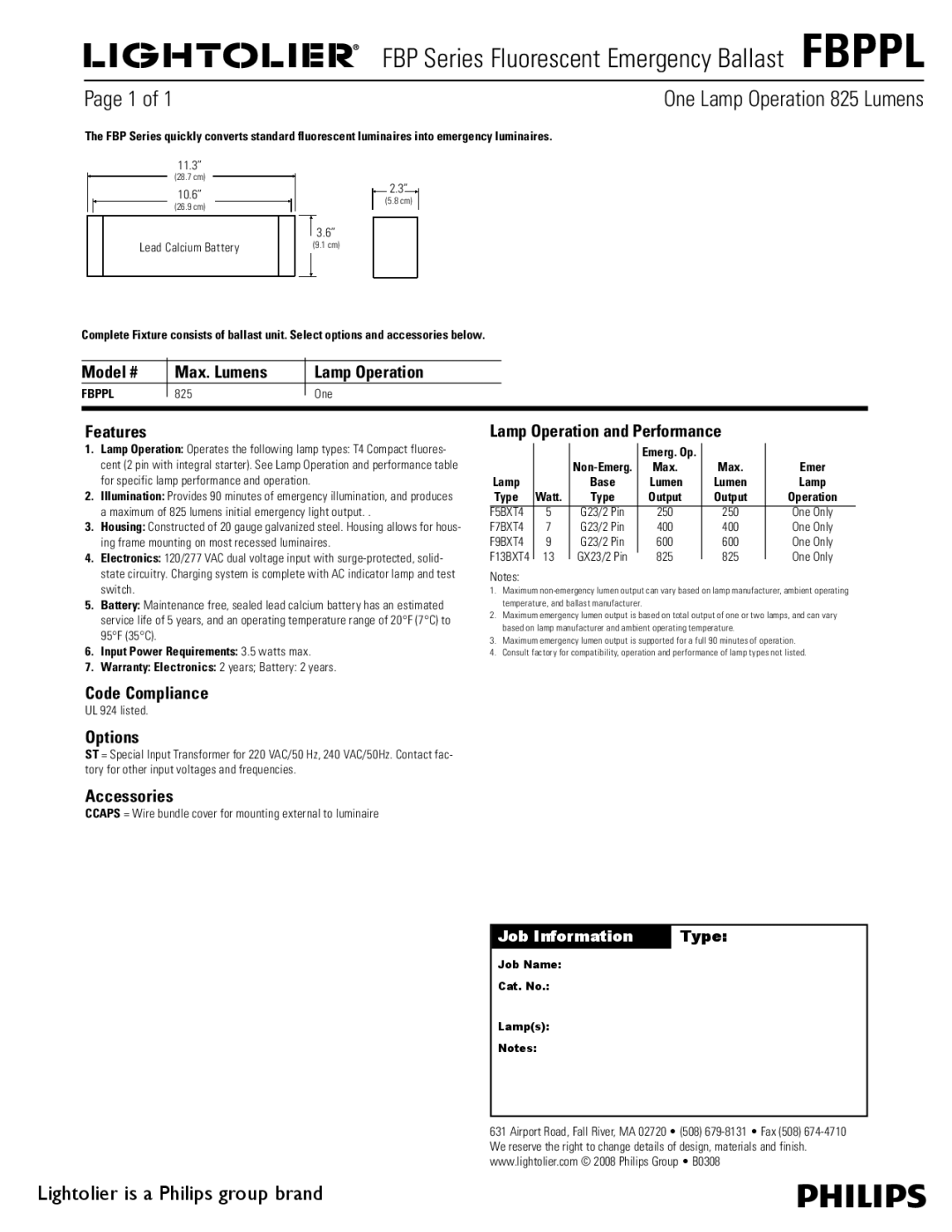 Lightolier FBPPL warranty One Lamp Operation 825 Lumens 