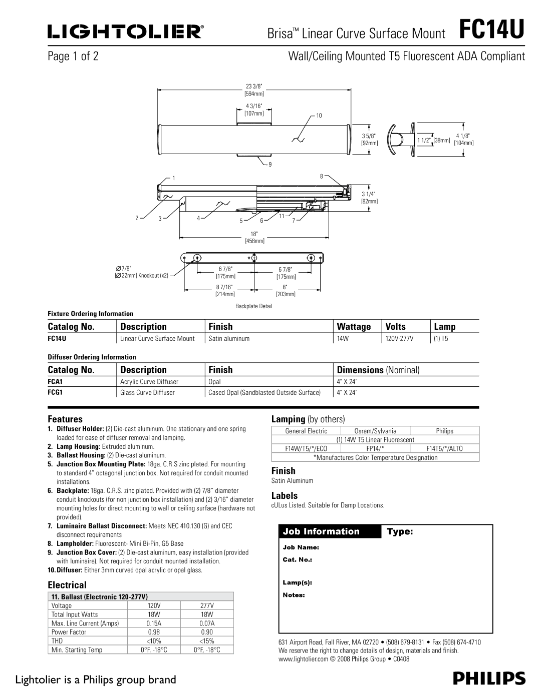 Lightolier FC14U dimensions Catalog No Description Finish Wattage Volts Lamp, Features, Electrical, Labels 