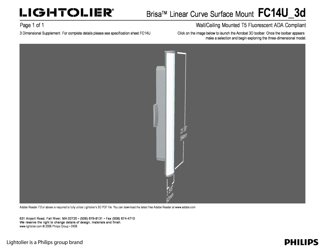 Lightolier FC14U_3d manual Brisa Linear Curve Surface Mount FC14U 3d, Page  of, Lightolier is a Philips group brand 