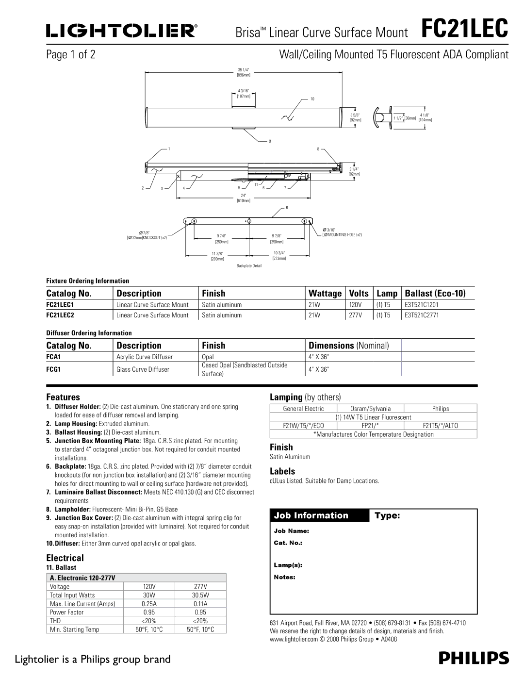 Lightolier FC21LEC dimensions Catalog No Description Finish Wattage Volts Lamp, Features, Electrical, Labels 