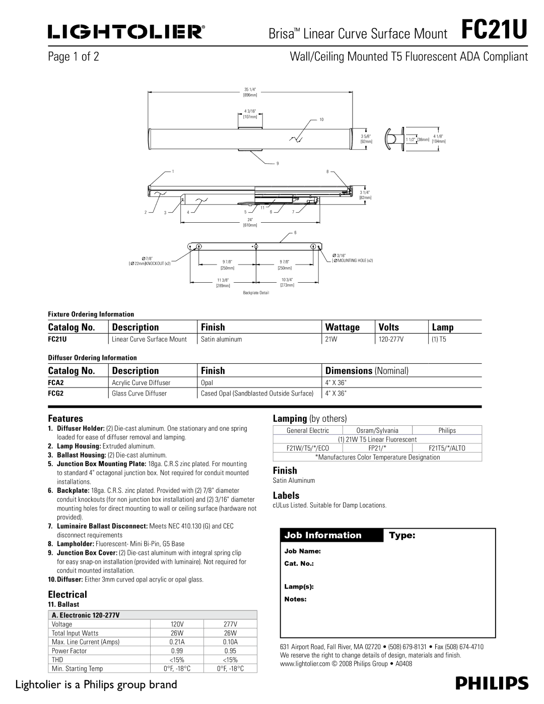 Lightolier FC21U dimensions Catalog No, Finish Wattage Volts, Features, Electrical, Labels 