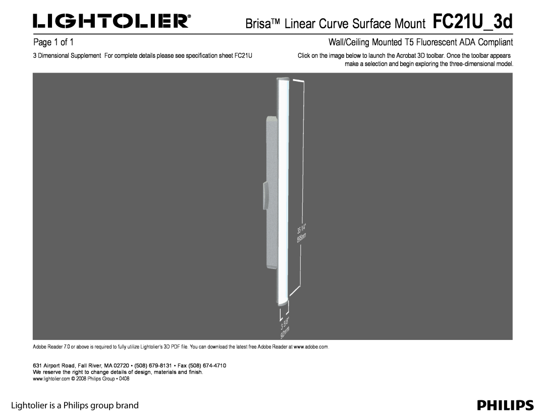 Lightolier FC21U_3d manual Brisa Linear Curve Surface Mount FC21U 3d, Page  of, Lightolier is a Philips group brand 