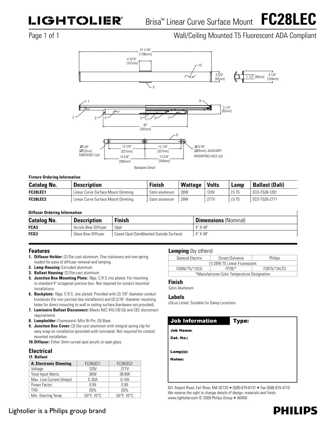 Lightolier FC28LEC dimensions Finish Wattage Volts, Features, Electrical , Labels 