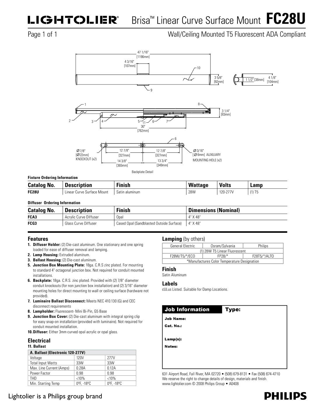 Lightolier FC28U dimensions Catalog No Description Finish Wattage Volts Lamp, Features, Electrical, Labels 