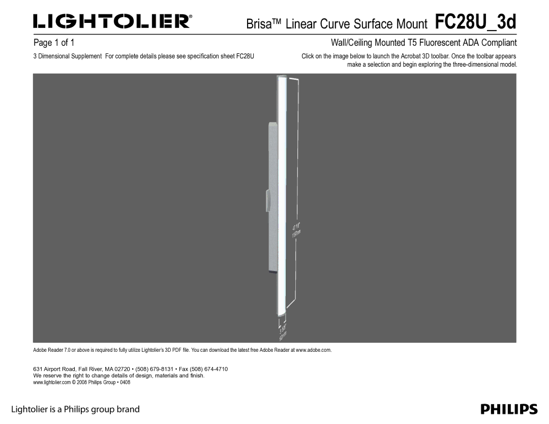 Lightolier FC28U_3d manual Brisa Linear Curve Surface Mount FC28U3d, Wall/Ceiling Mounted T5 Fluorescent ADA Compliant 