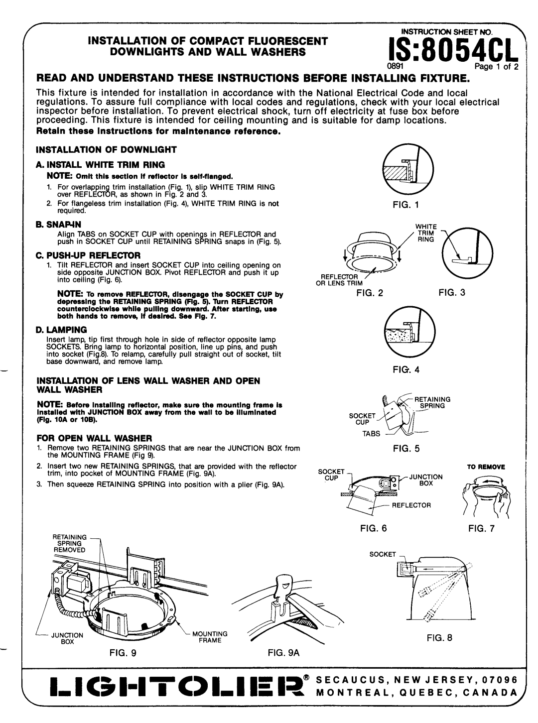 Lightolier Fluorescent Downlight and Wall Washer instruction sheet Installation of Downlight Install White Trim Ring 