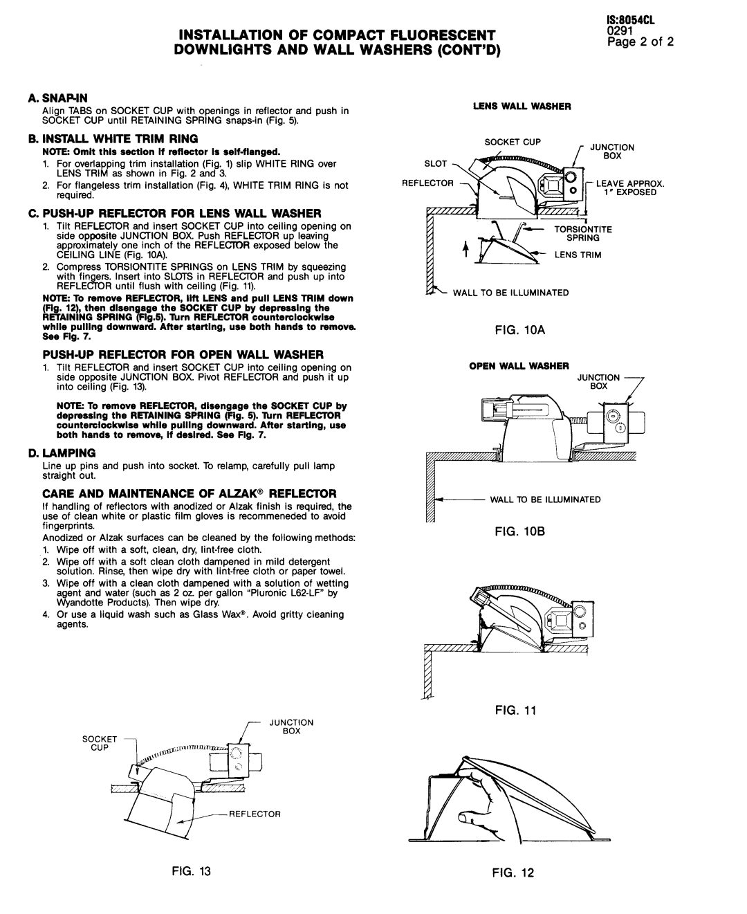 Lightolier Fluorescent Downlight and Wall Washer instruction sheet Snapin, PUSH-UP Reflector for Lens Wall Washer, Lamping 