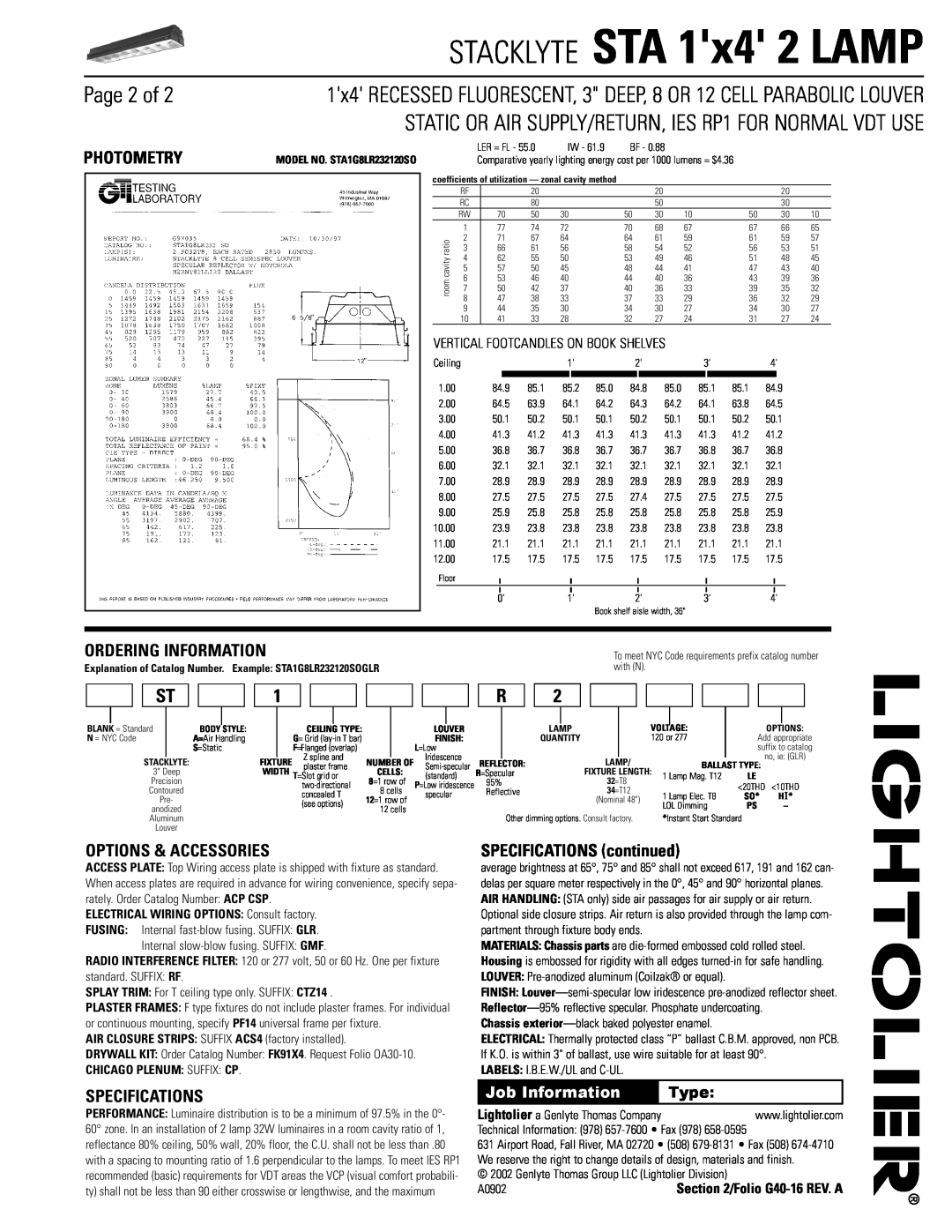 Lightolier Fluorescent Lighting Page 2 of, Photometry, Ordering Information, Options & Accessories, Specifications, Type 