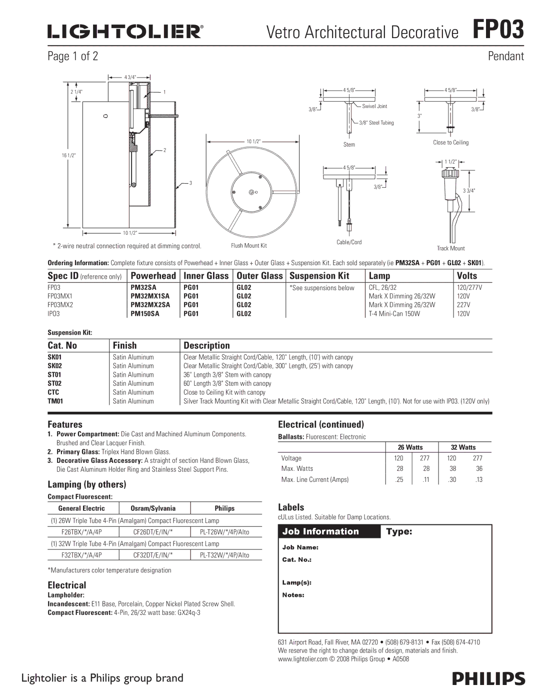 Lightolier FP03 manual Suspension Kit Lamp Volts, Cat. No Finish, Features, Lamping by others, Electrical, Labels 