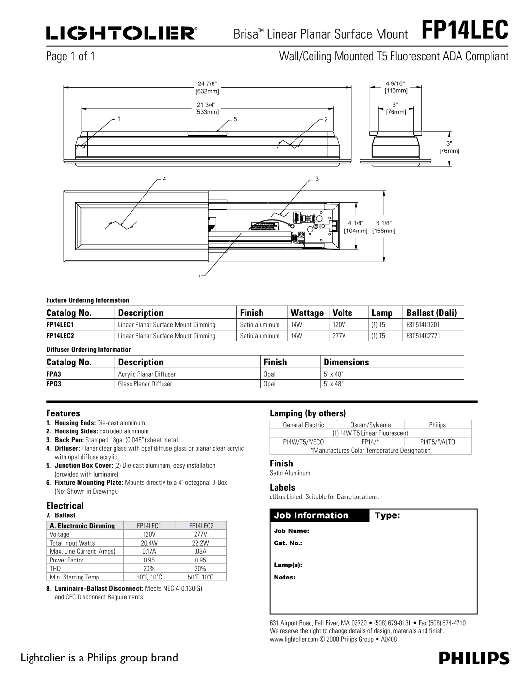 Lightolier FP14LEC dimensions Catalog No Description Finish Wattage Volts Lamp, Catalog No Description Finish Dimensions 