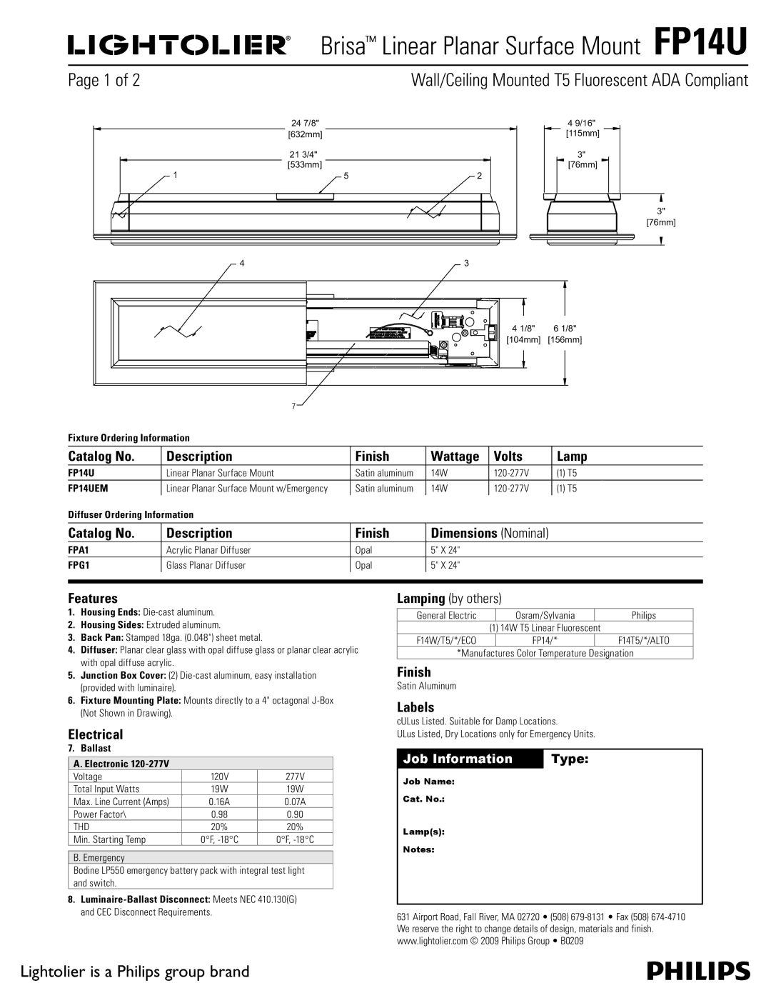 Lightolier FP14U dimensions Catalog No Description Finish Wattage Volts, Catalog No Description Finish Dimensions Nominal 