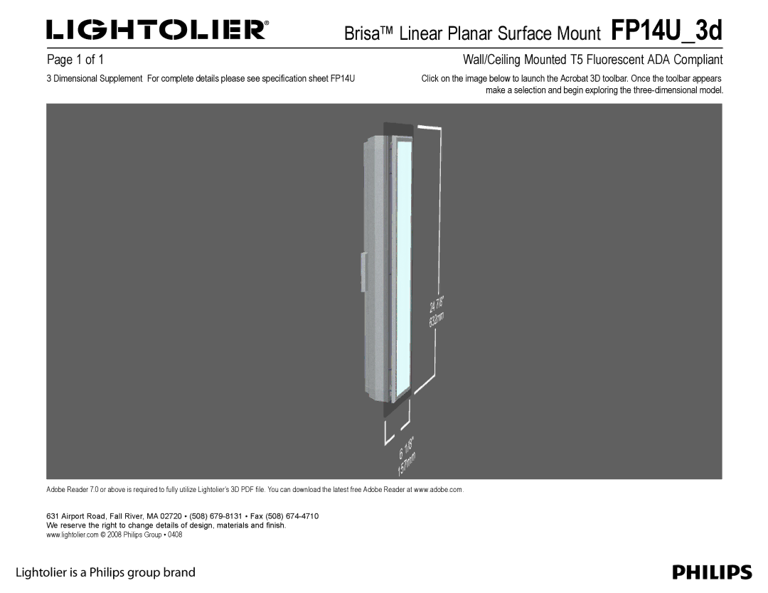 Lightolier FP14U_3d manual Brisa Linear Planar Surface Mount FP14U3d, Wall/Ceiling Mounted T5 Fluorescent ADA Compliant 
