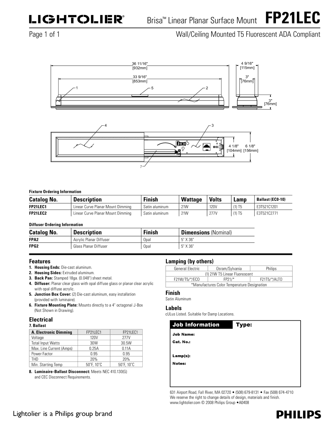 Lightolier FP21LEC dimensions Catalog No Description Finish Wattage Volts Lamp, Features, Electrical, Lamping by others 