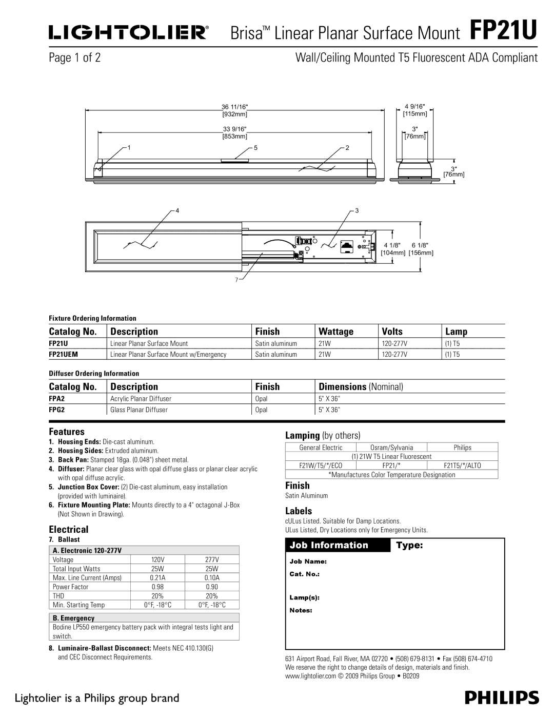 Lightolier FP21U dimensions Catalog No Description Finish Wattage Volts Lamp, Features, Electrical, Labels 