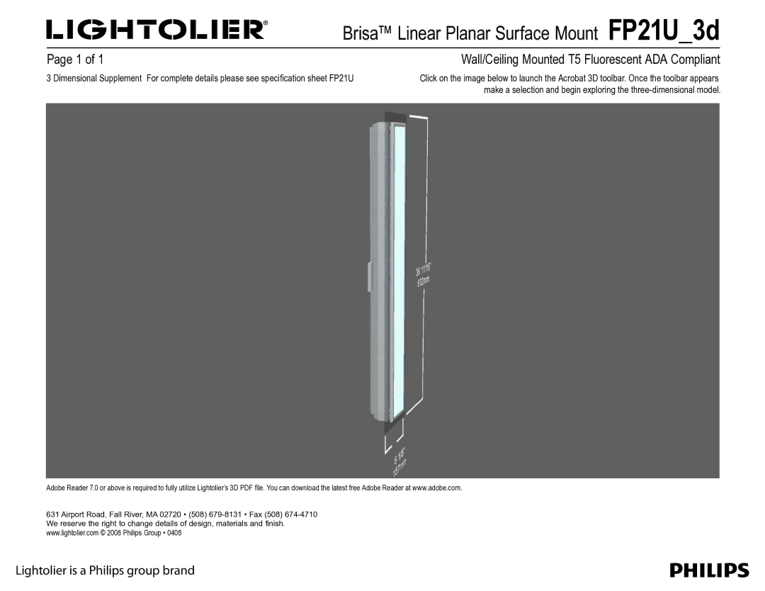 Lightolier FP21U_3d manual Brisa Linear Planar Surface Mount FP21U3d, Wall/Ceiling Mounted T5 Fluorescent ADA Compliant 