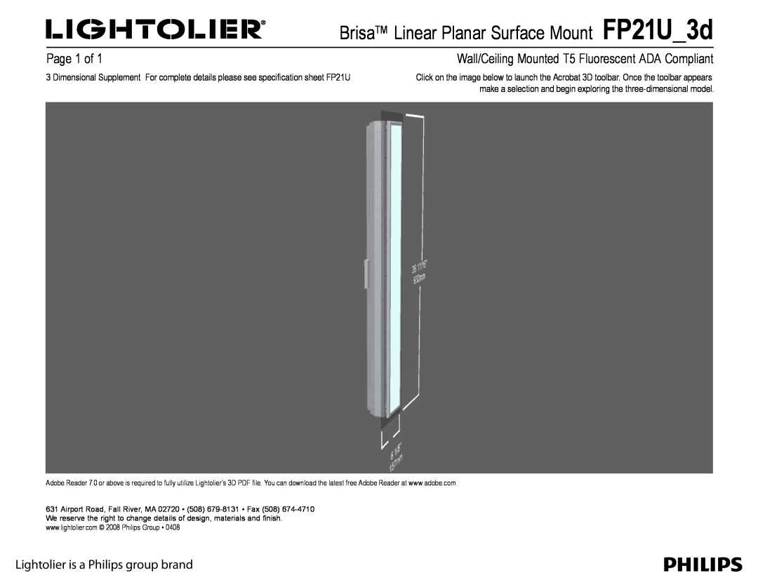 Lightolier FP21U_3d manual Brisa Linear Planar Surface Mount FP21U 3d, Page  of, Lightolier is a Philips group brand 