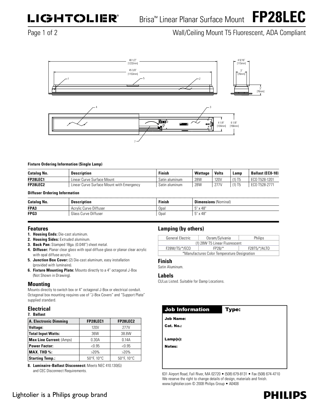 Lightolier FP28LEC dimensions Features, Mounting, Lamping by others, Finish, Labels, Electrical 