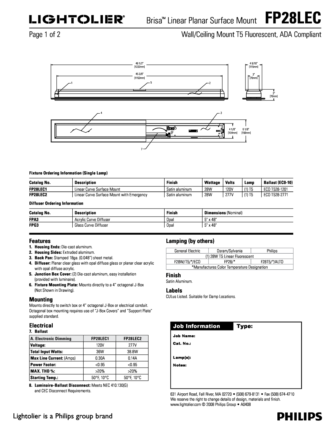 Lightolier dimensions Brisa Linear Planar Surface MountFP28LEC, Page  of, Lightolier is a Philips group brand, Type 
