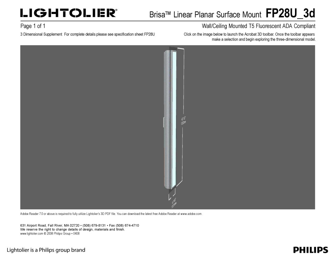 Lightolier FP28U_3d manual Brisa Linear Planar Surface Mount FP28U3d, Wall/Ceiling Mounted T5 Fluorescent ADA Compliant 